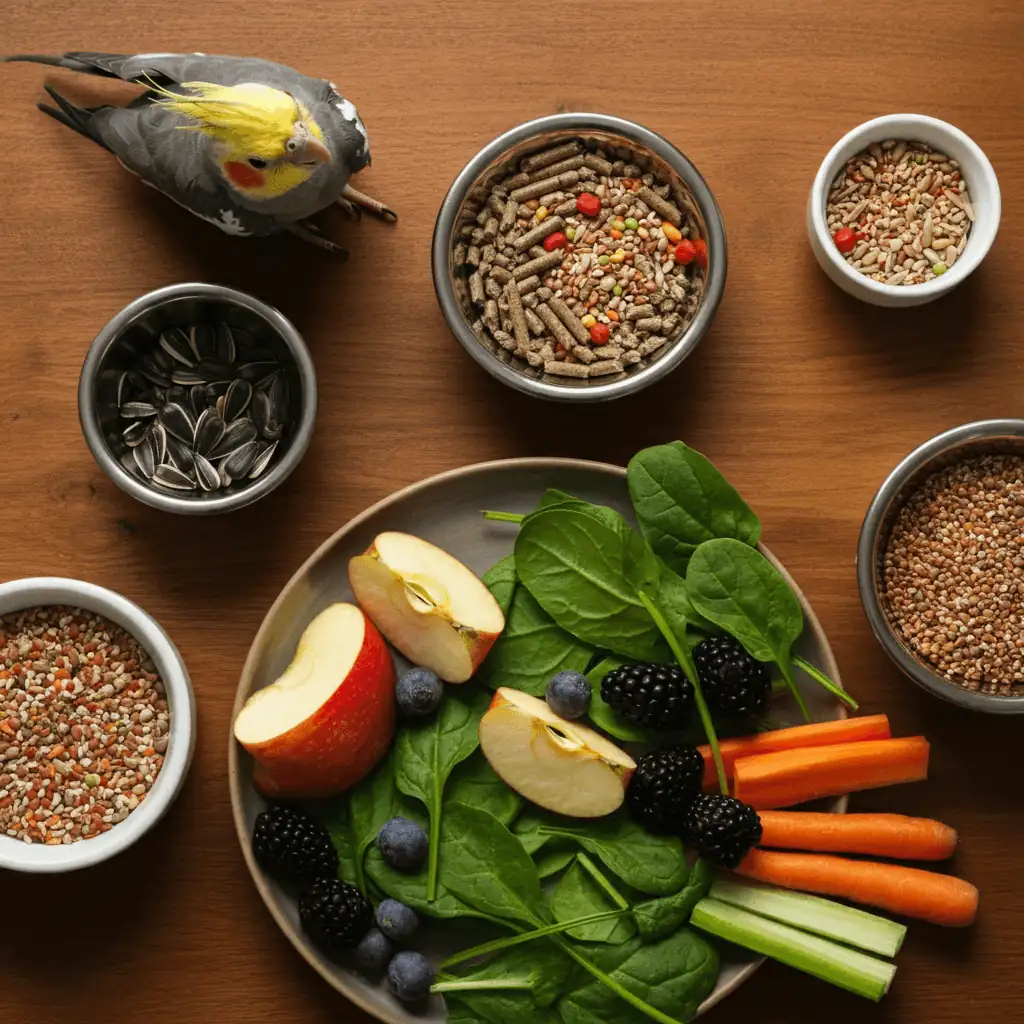 Assorted cockatiel food including pellets, seeds, and fresh fruits.