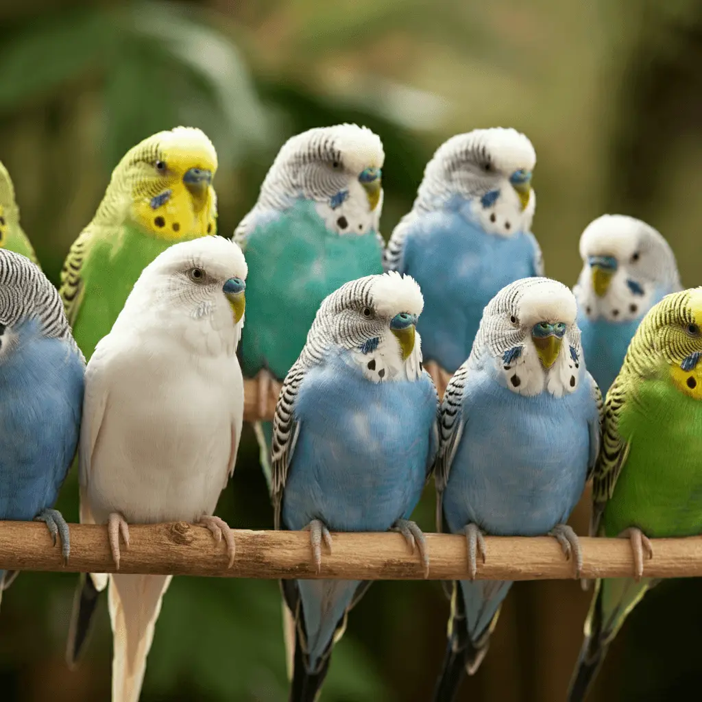 A group of budgerigars with various colors perched on a branch.