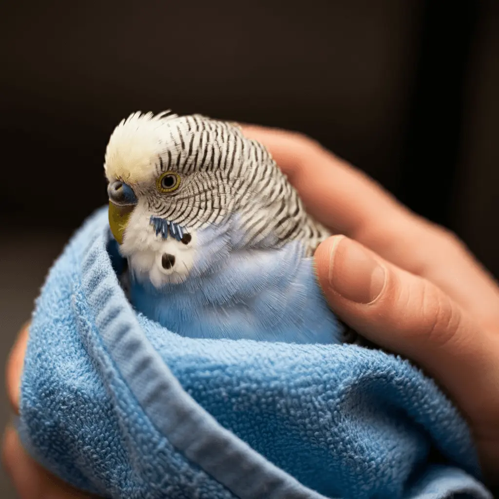 Safely restraining a budgerigar in a soft cloth for first aid treatment.