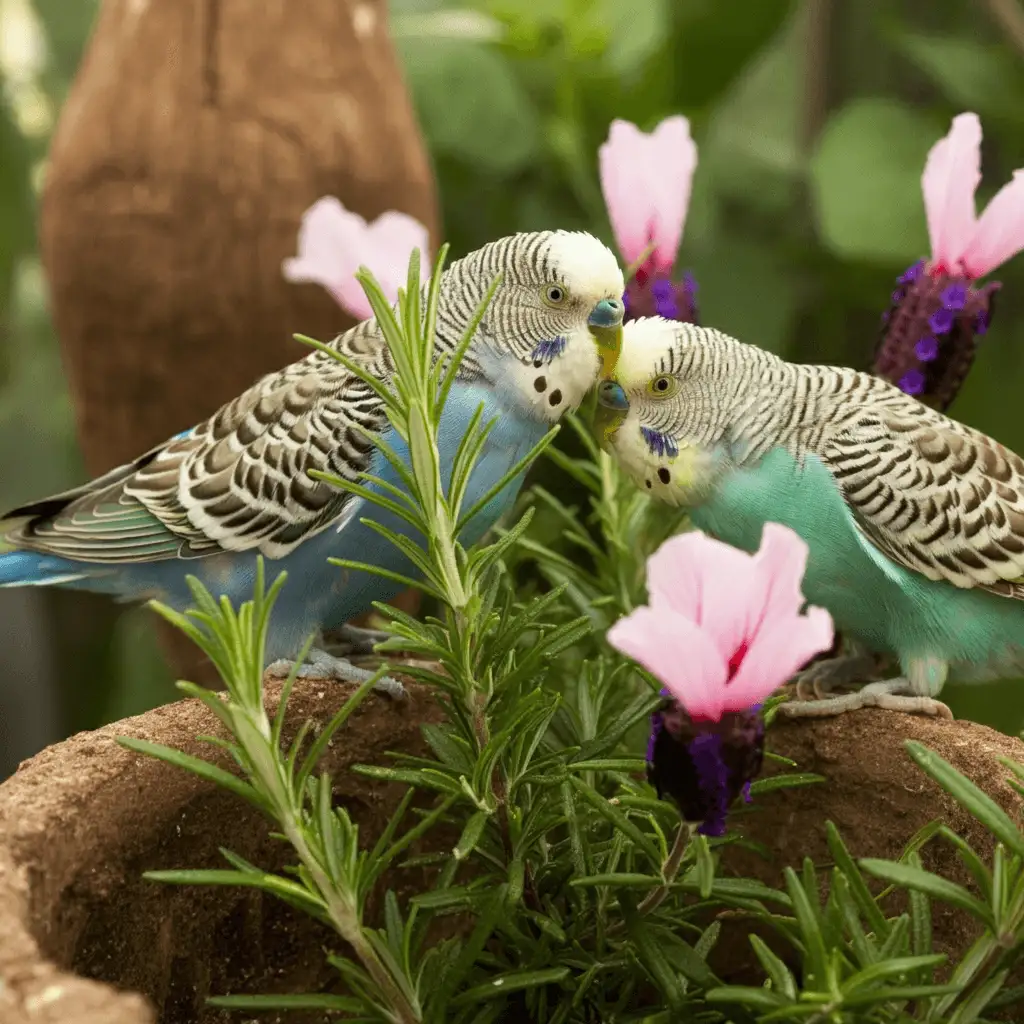 Two budgerigars interacting among safe garden plants.