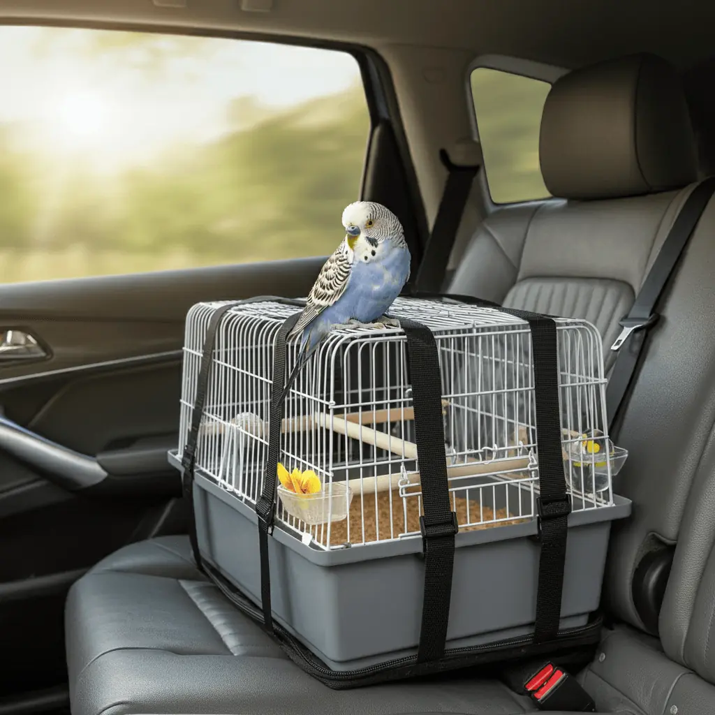 A budgerigar sitting on top of a travel cage secured with seat belts inside a car.