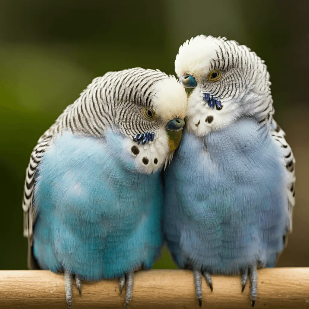 Two blue budgerigars displaying head bobbing behavior.