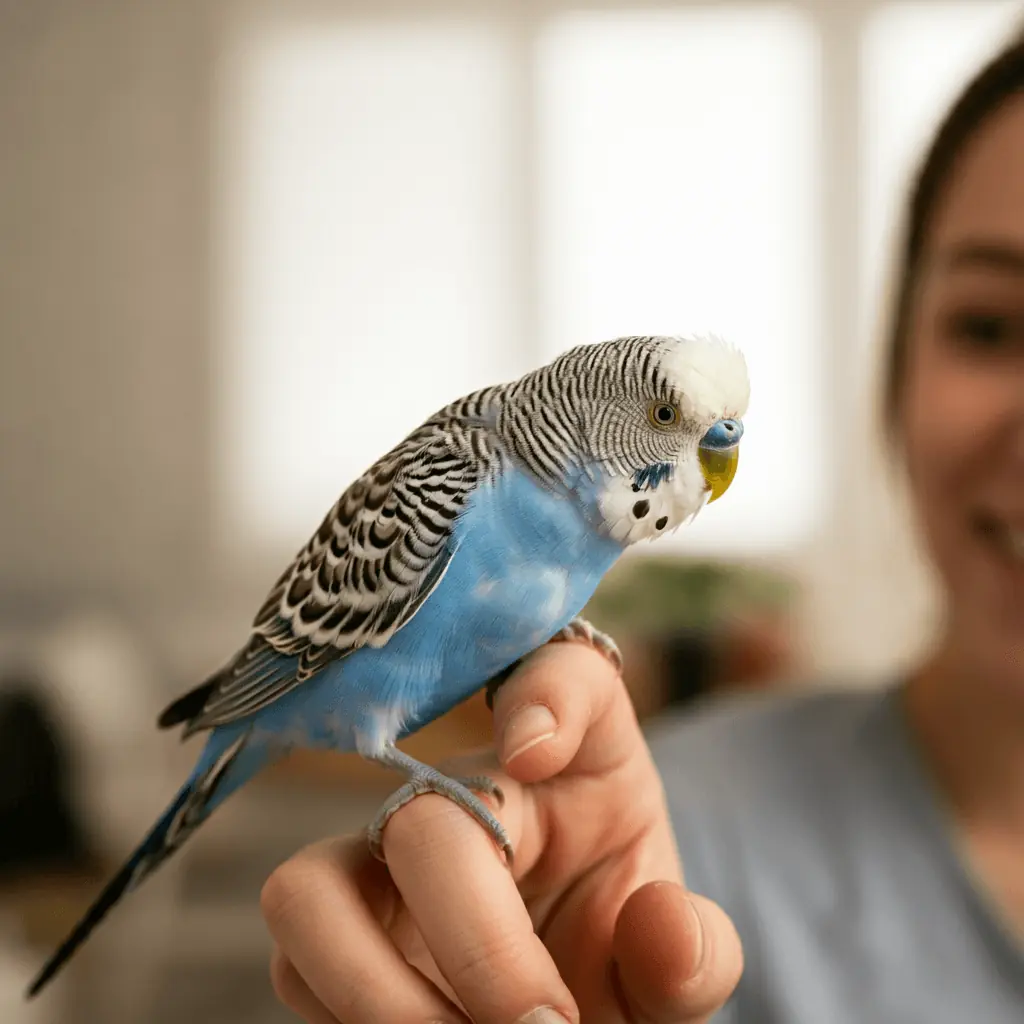 Blue budgerigar stepping onto a human finger as part of training.