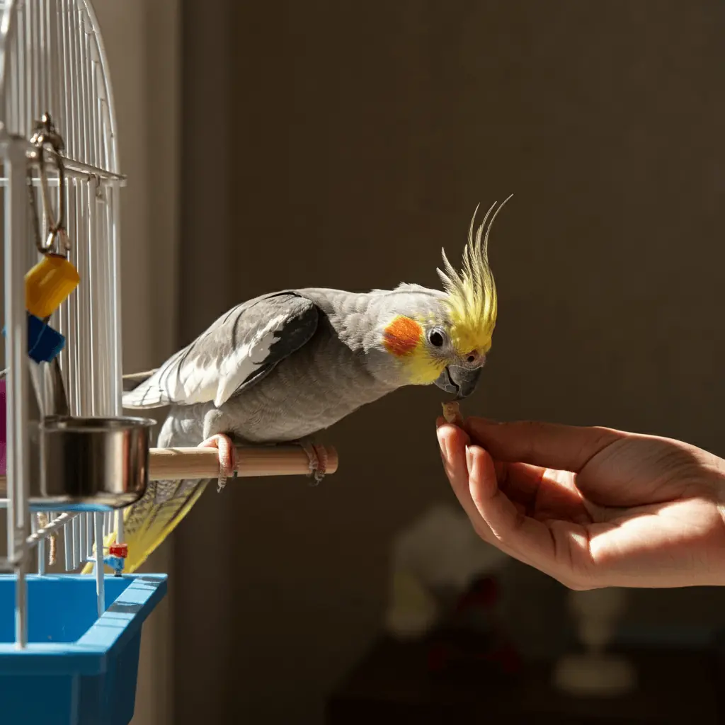 Cockatiel accepting a treat from a human hand, showcasing trust building.