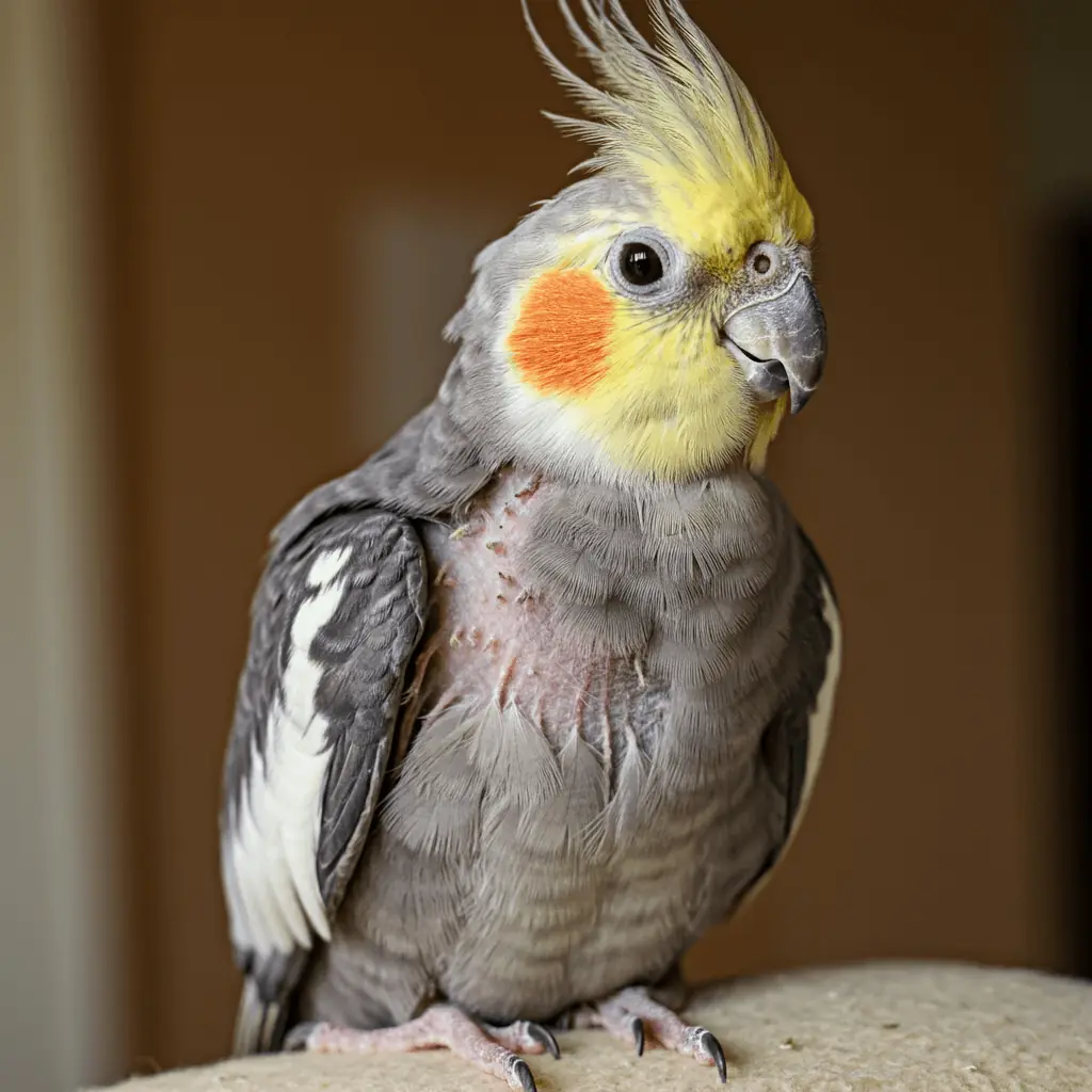 Cockatiel with missing feathers due to feather plucking.