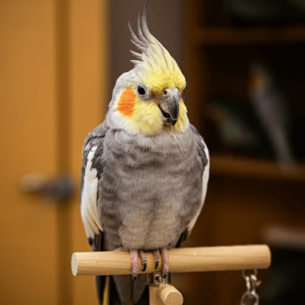 Relaxed cockatiel grinding its beak while perched comfortably.