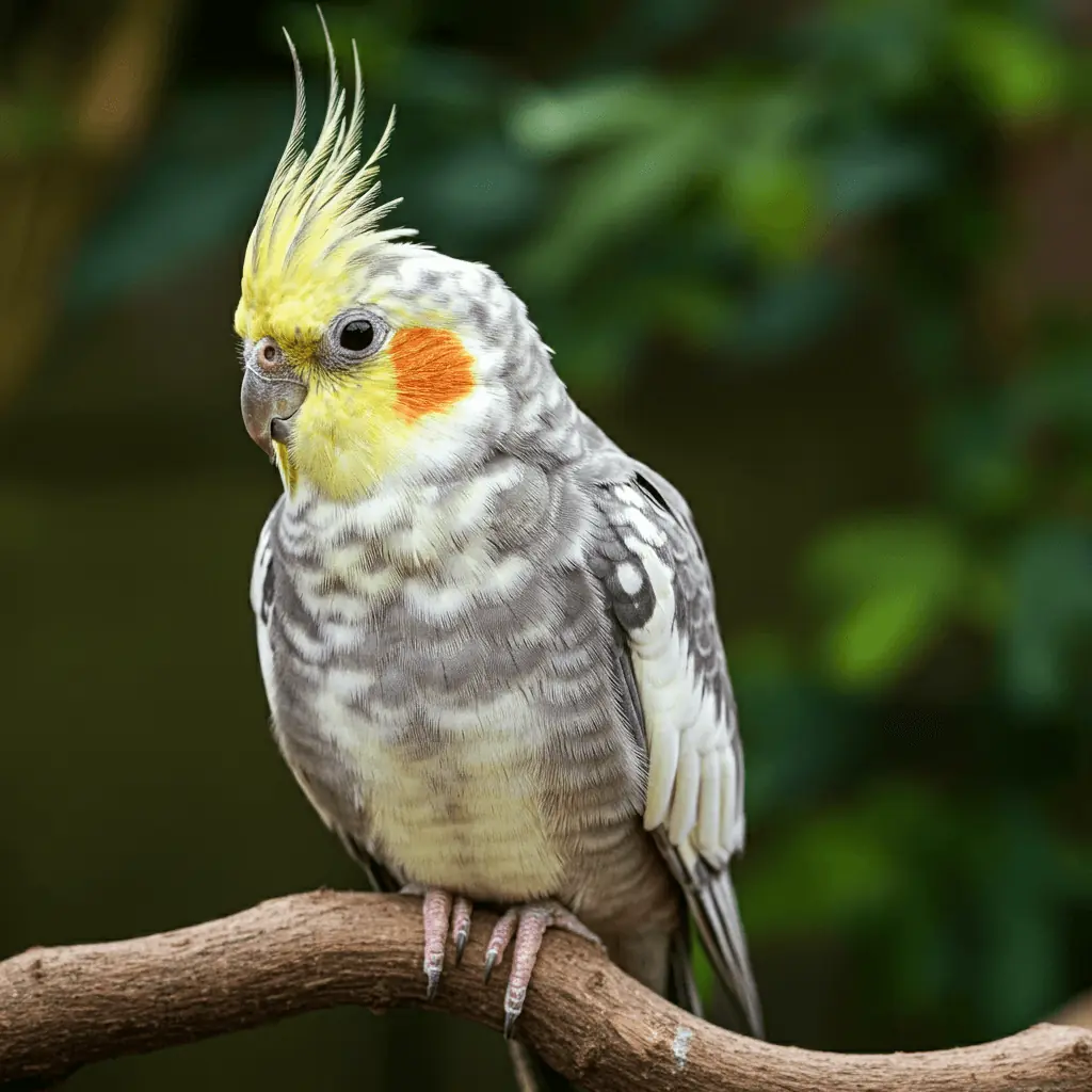 A pied cockatiel with a mix of yellow and grey feathers sitting comfortably.