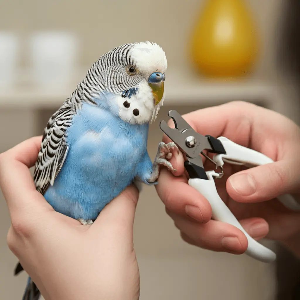 A person trimming a budgerigar’s nails with clippers.