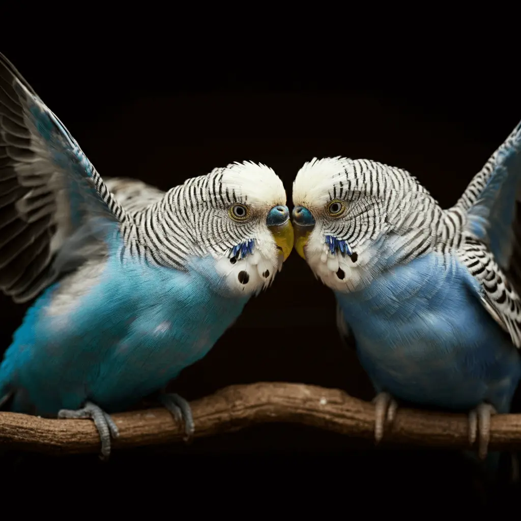 Two budgies displaying aggressive behavior towards each other.