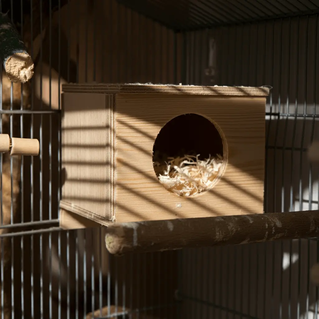 Wooden bird nesting box with shredded bedding material.