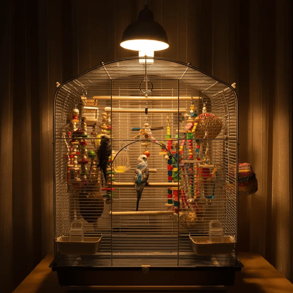 Budgerigar in a well-lit cage with toys and accessories to reduce stress.