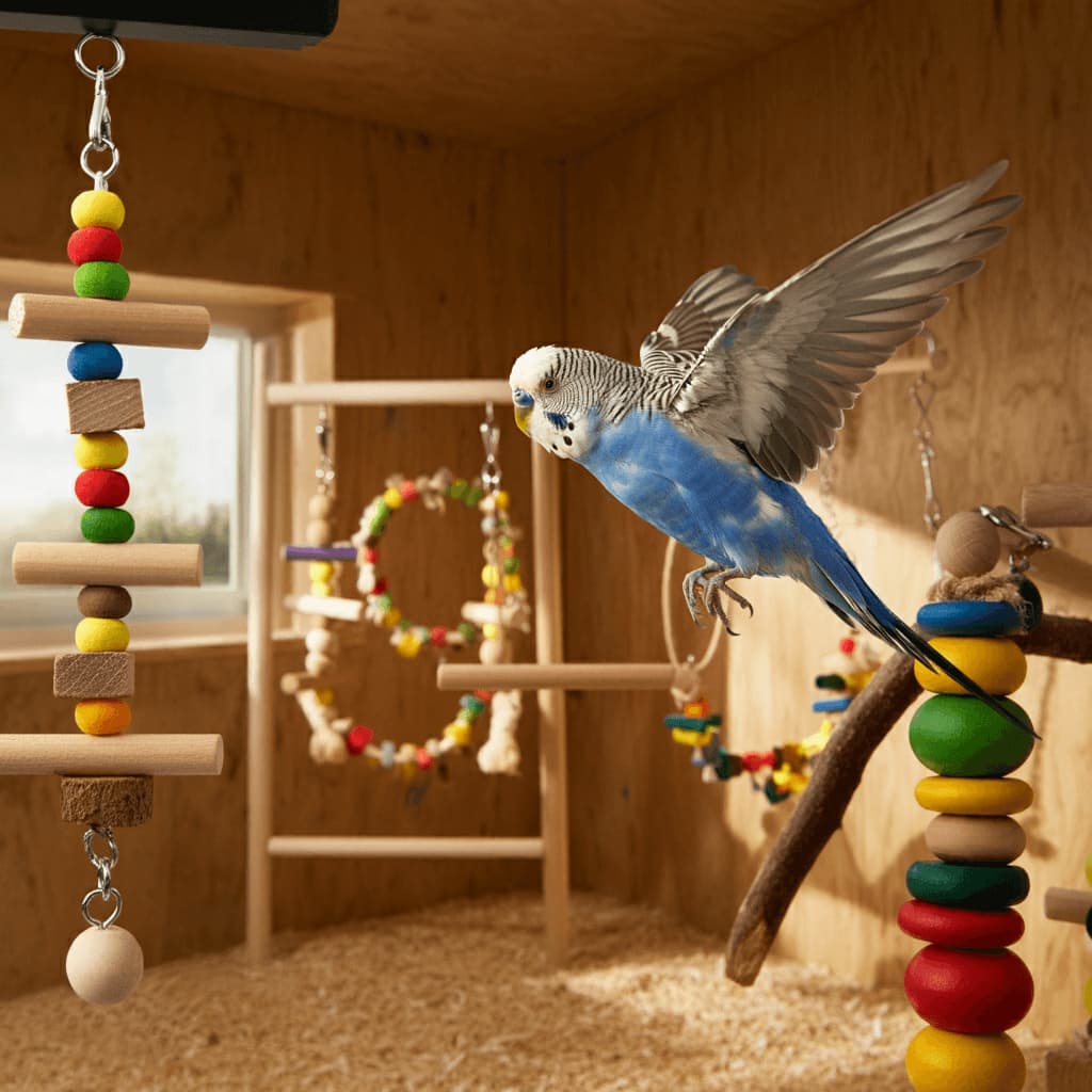 Blue budgerigar flying freely in a room filled with bird-safe toys.