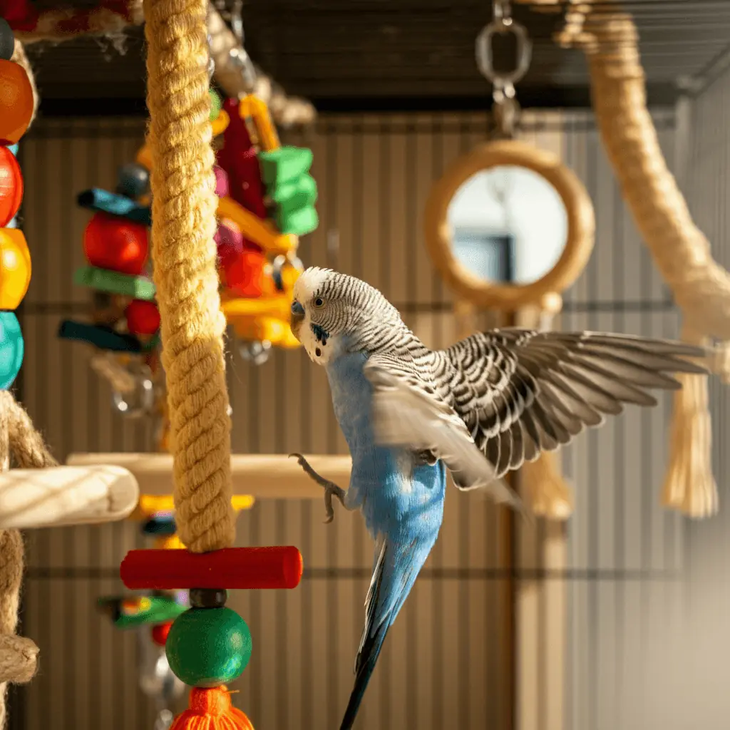 A budgerigar flying around a cage filled with toys and enrichment activities.