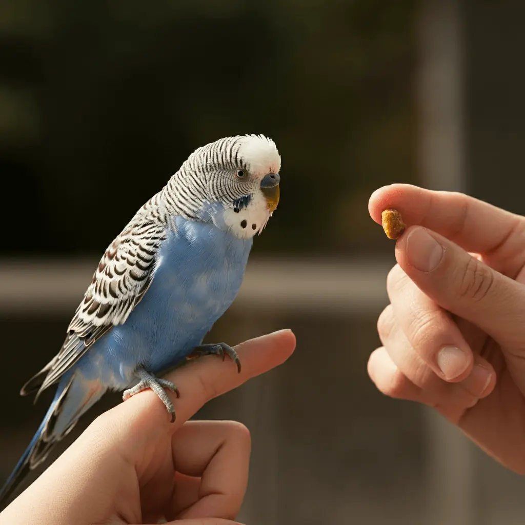 A budgerigar being rewarded with a treat during training.