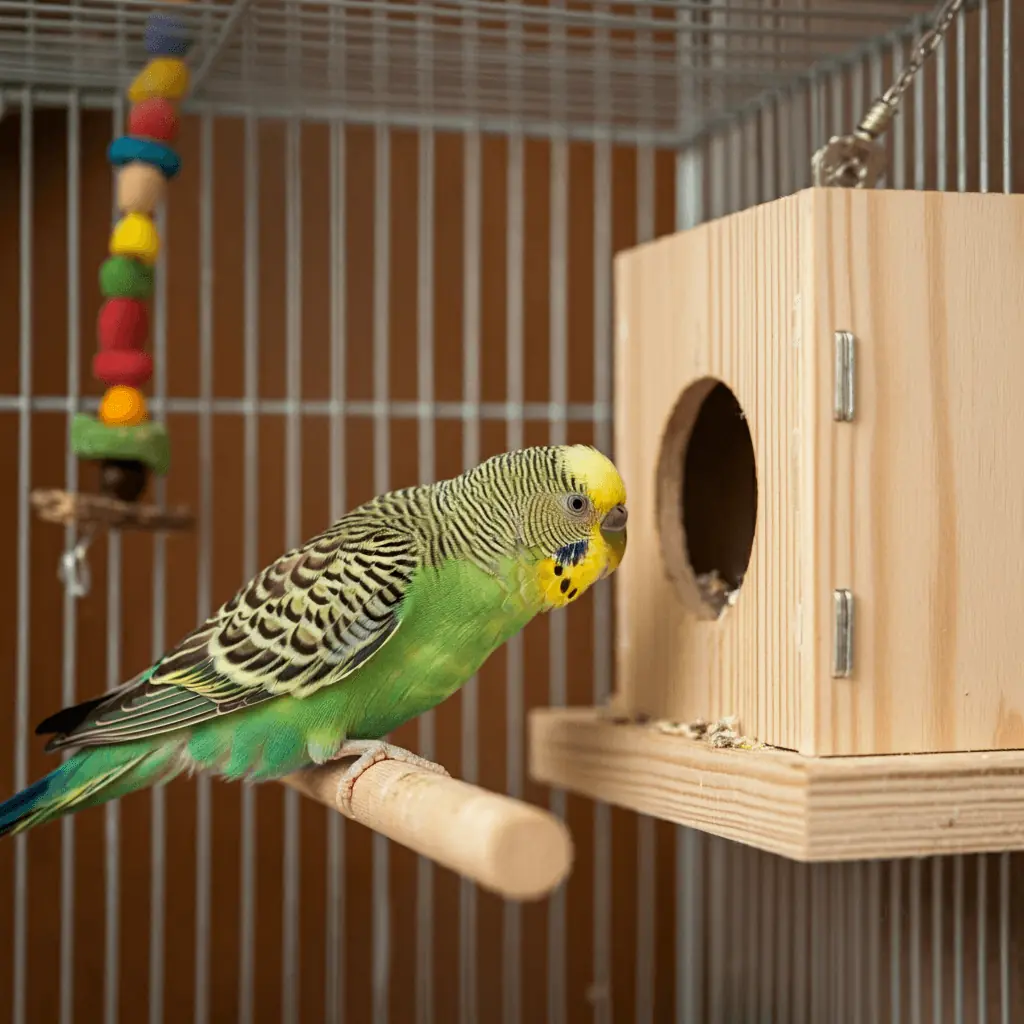 A green budgerigar peeking out from a nest box.