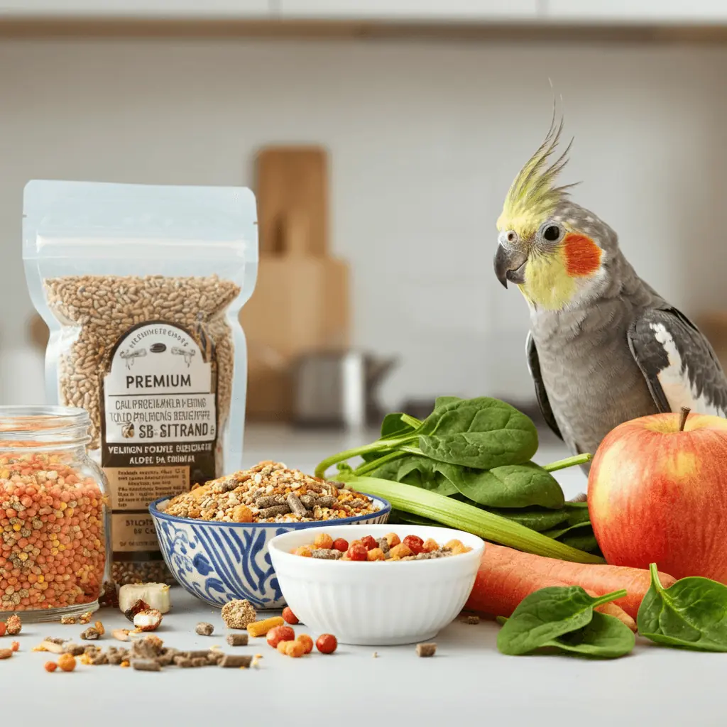 Cockatiel beside a selection of nutritious food including pellets, seeds, and fresh produce.