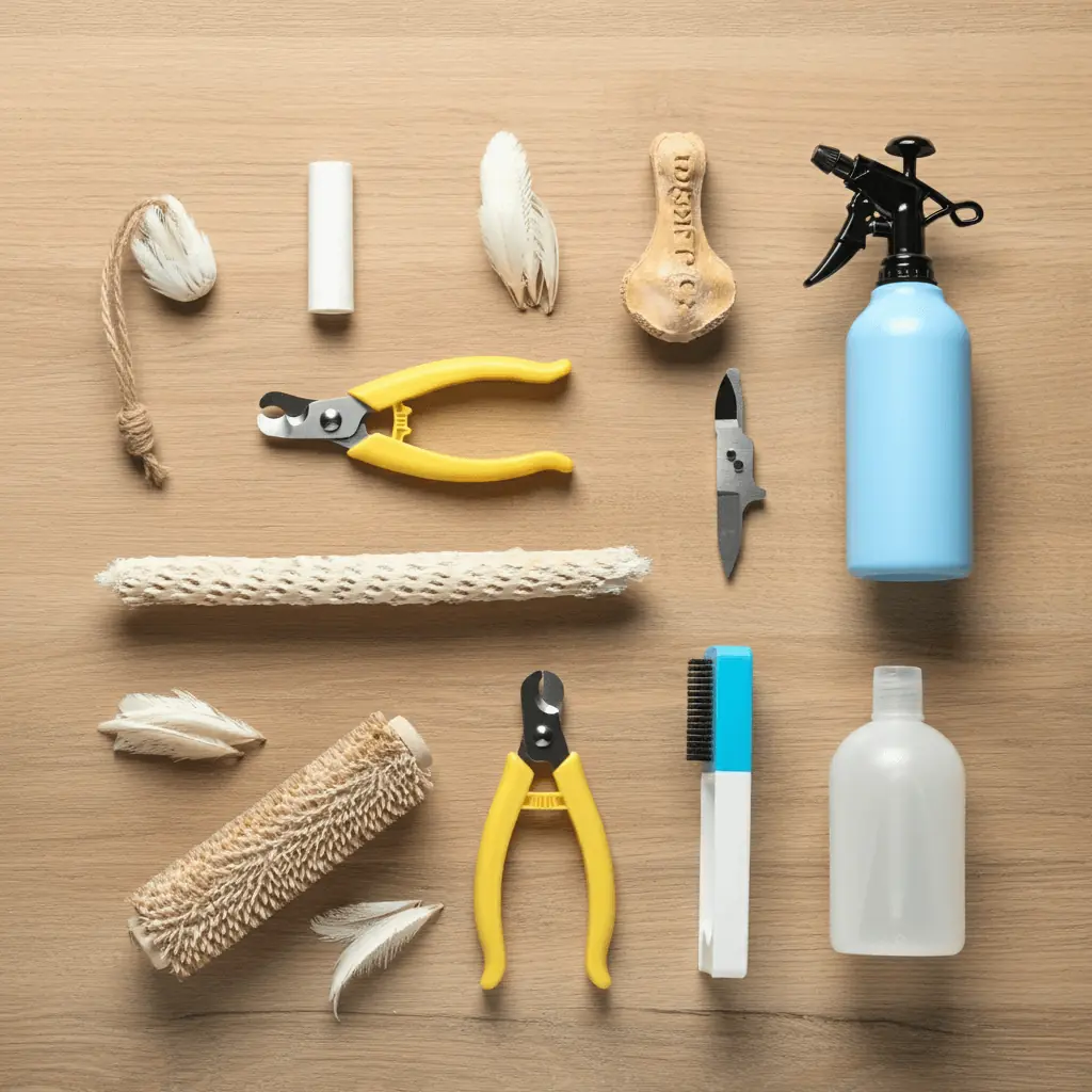 Cockatiel grooming tools laid out, including nail clippers, spray bottles, and perches.