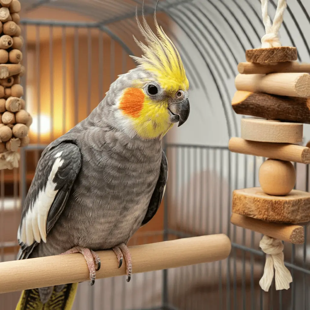 Cockatiel sitting on a perch in a clean, well-maintained cage.