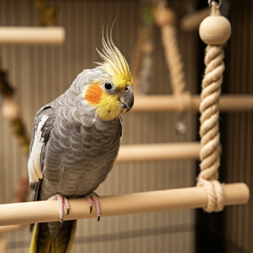 Close-up of a cockatiel on natural wood perches. 