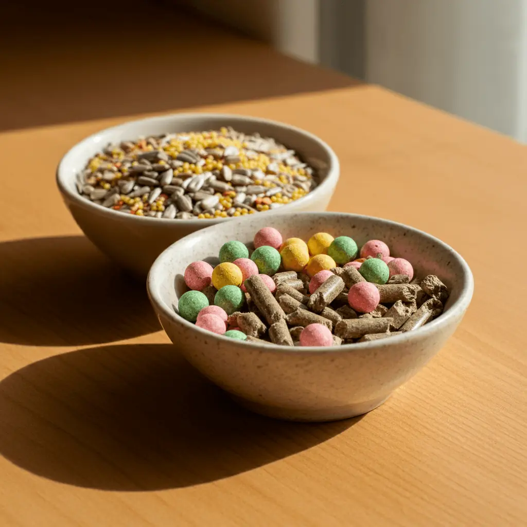 Bowls of cockatiel seeds and pellets side by side.