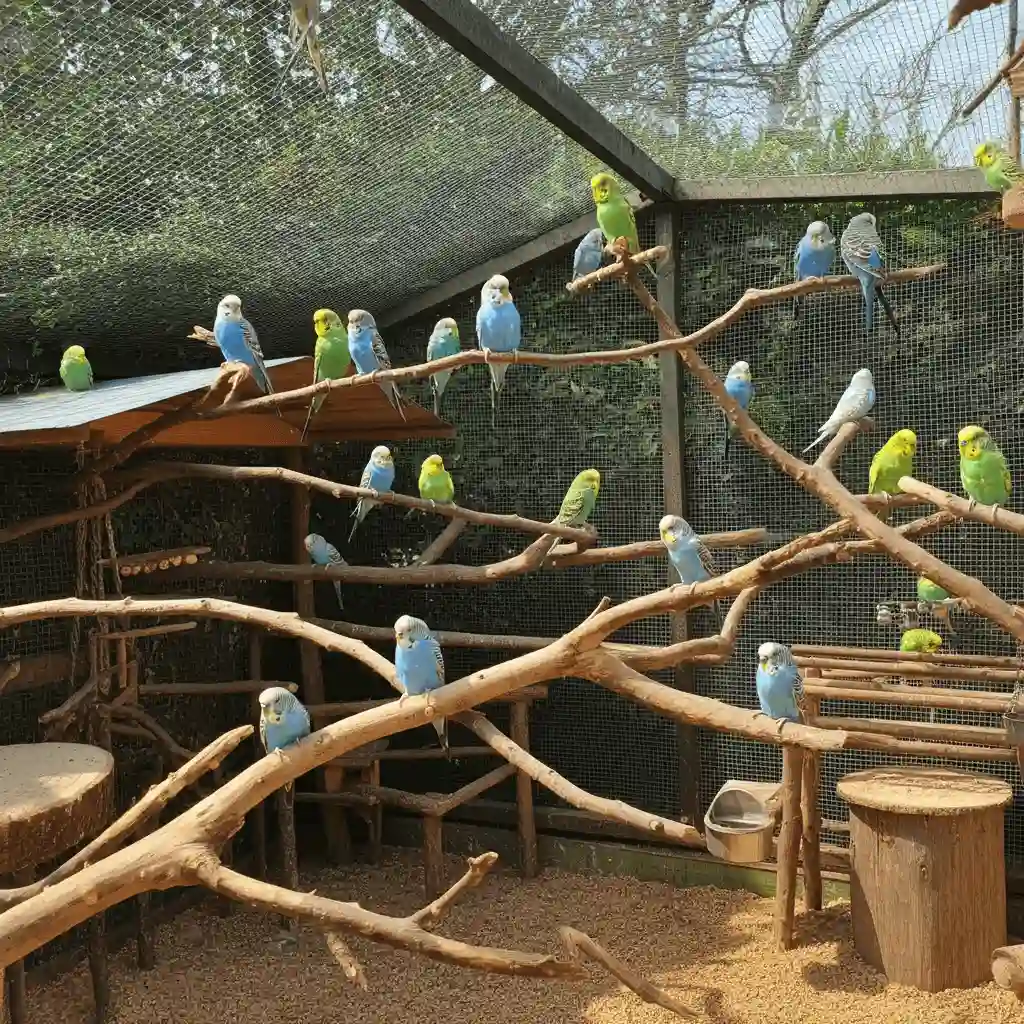 Budgerigars perched on natural wooden branches inside an aviary.