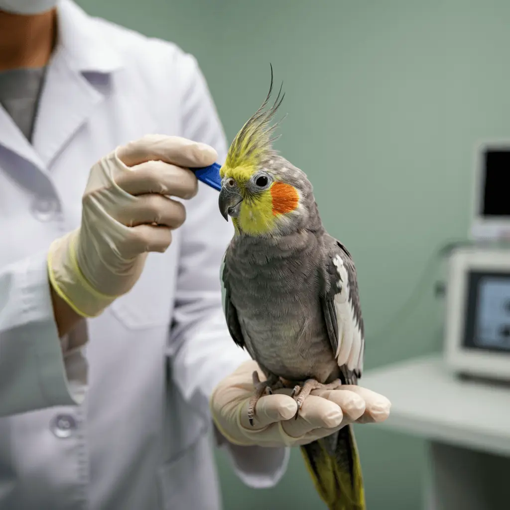 Veterinarian performing a health checkup on a cockatiel.