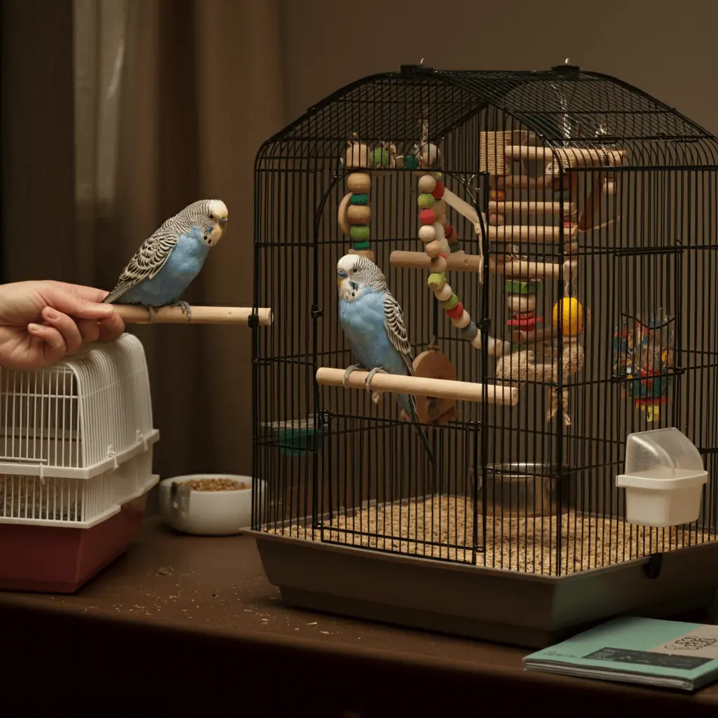 A budgerigar being released from a travel cage into its home cage after a trip.