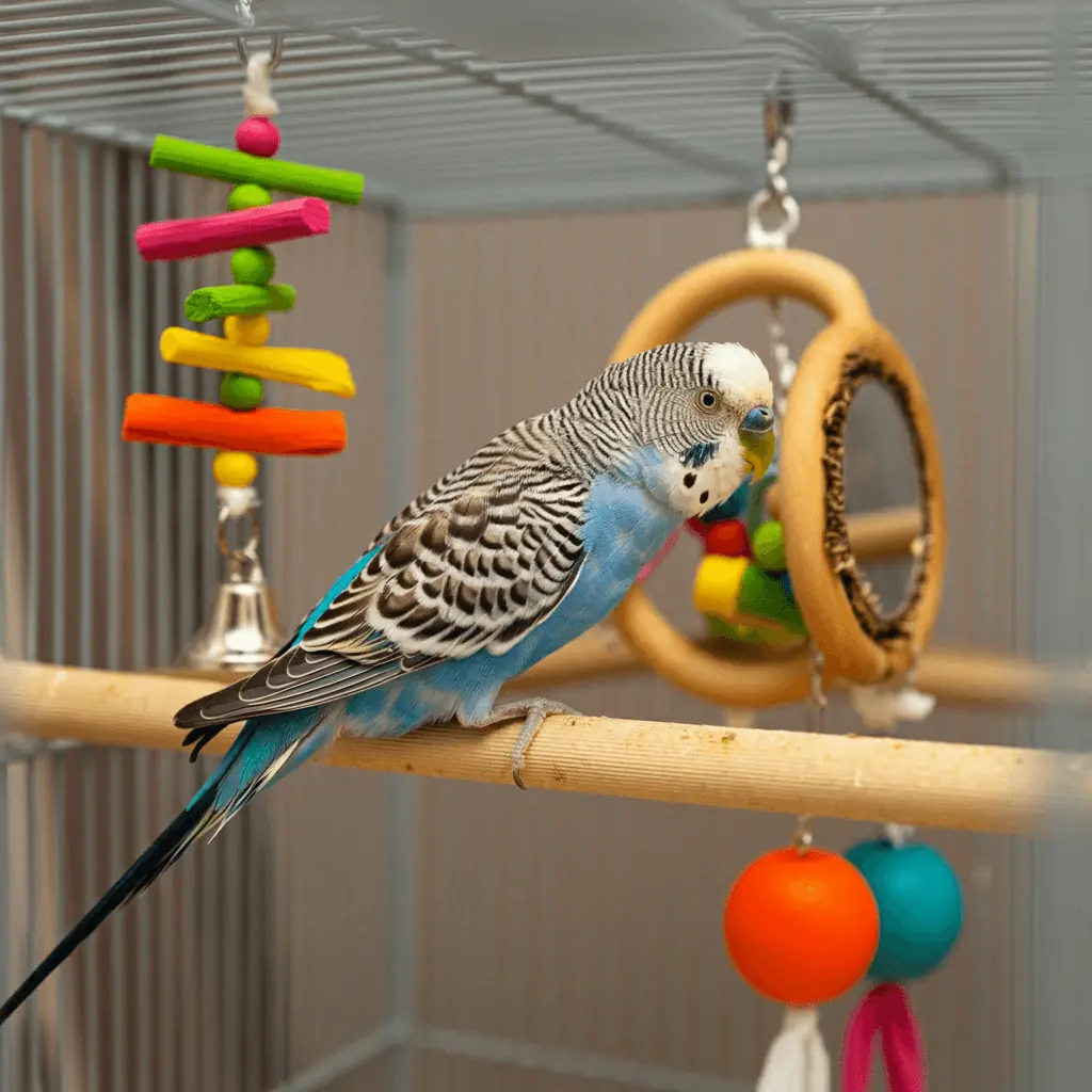 Budgerigar engaging with colorful toys in its cage.