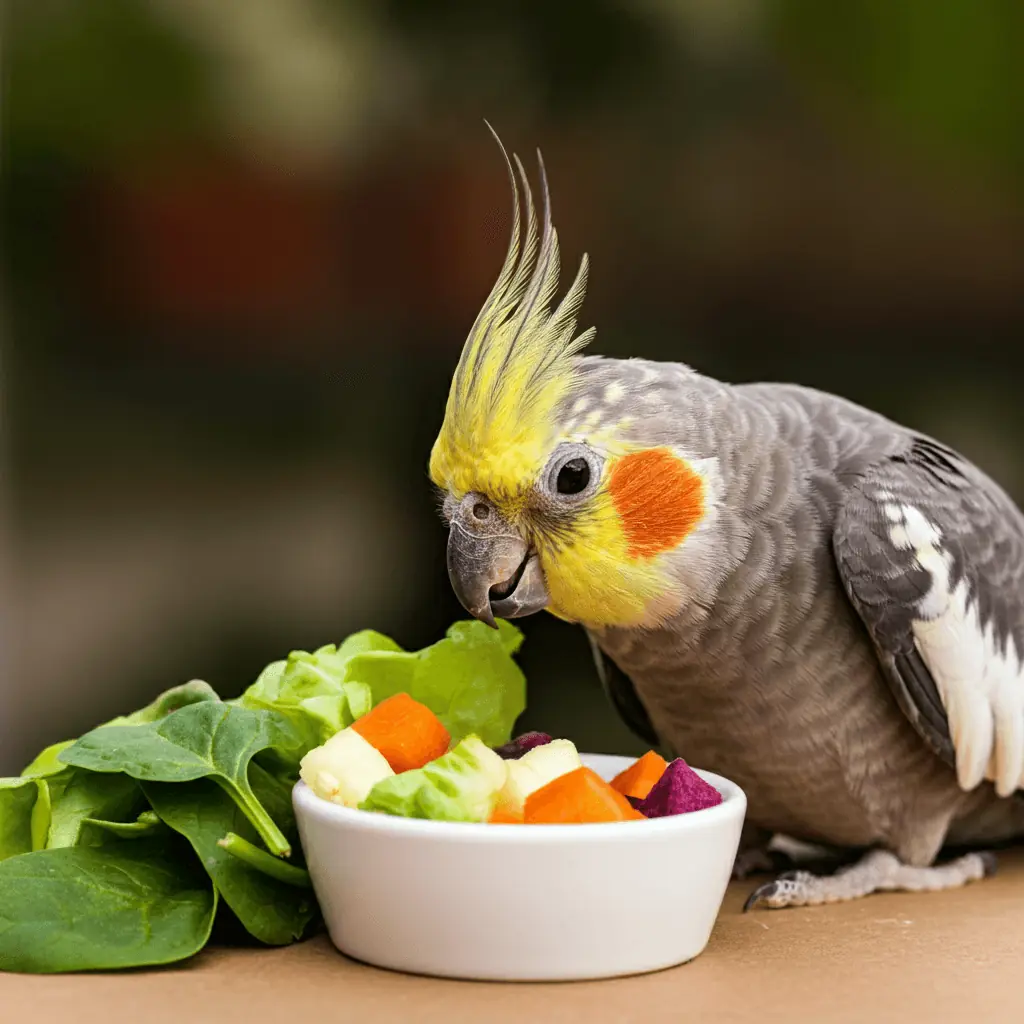 Cockatiel eating fresh vegetables from a bowl.