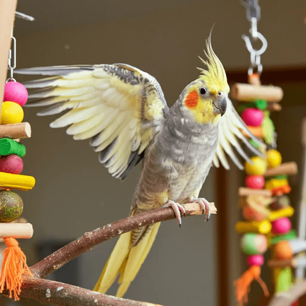 Cockatiel engaging with colorful hanging toys.