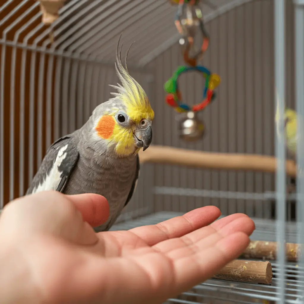 Human hand gently introduced inside a cockatiel’s cage to foster familiarity.