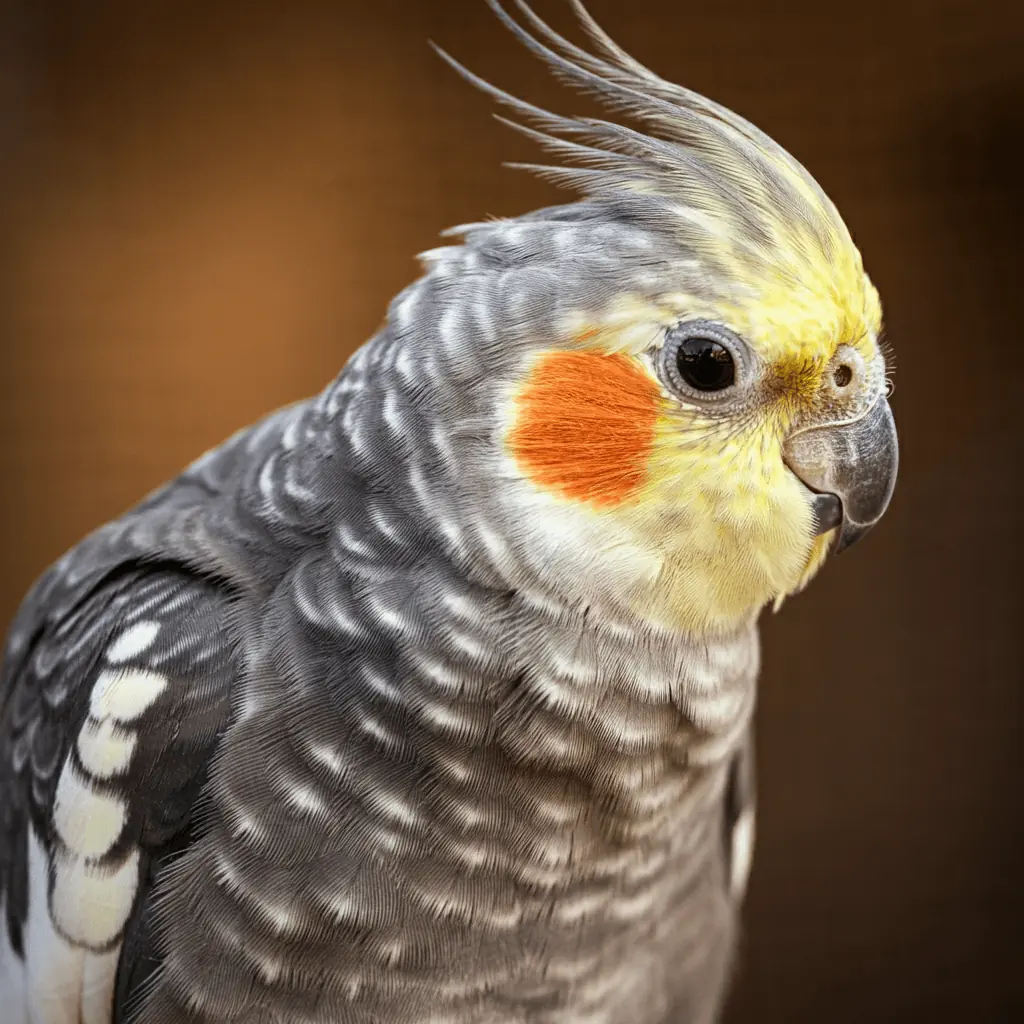 A pearl cockatiel with intricately speckled grey feathers perched on a branch.