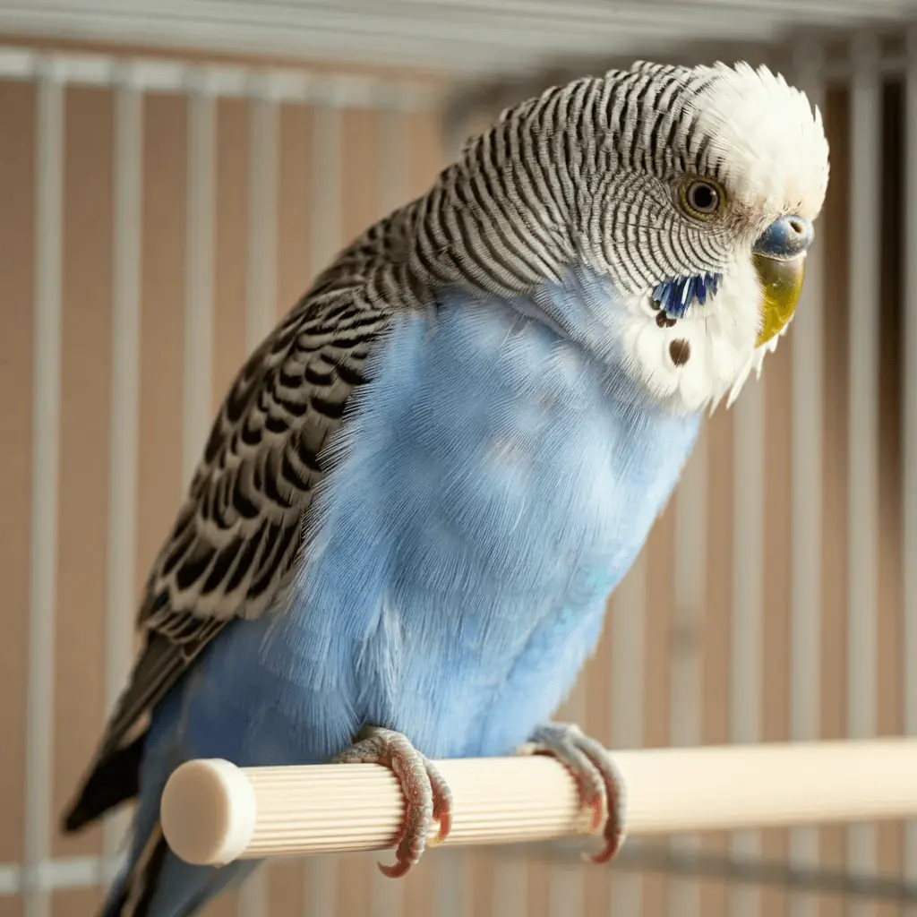 Budgerigar perched uneasily on a smooth dowel, illustrating the importance of proper perch selection.