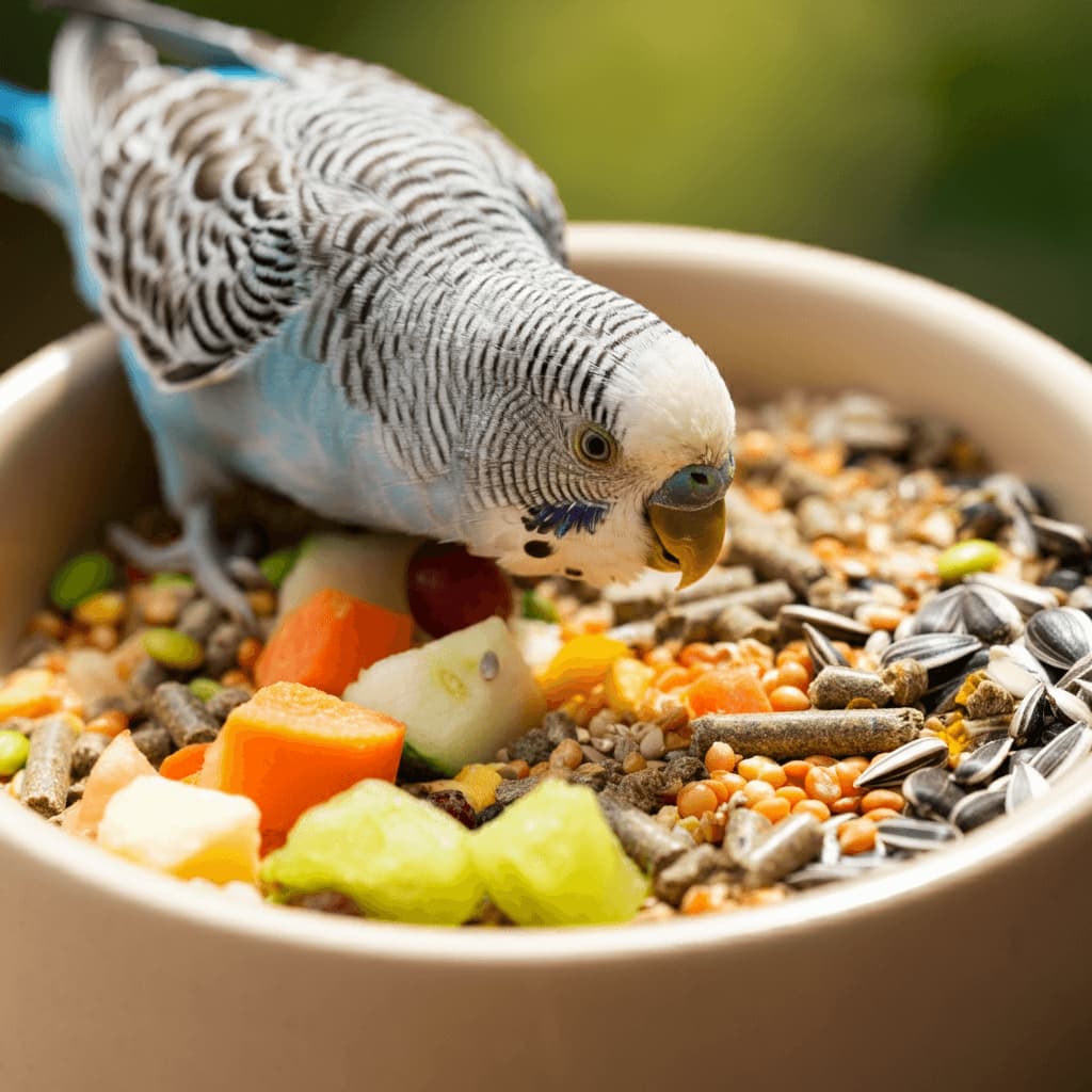 Budgerigar eating fresh fruits and vegetables.