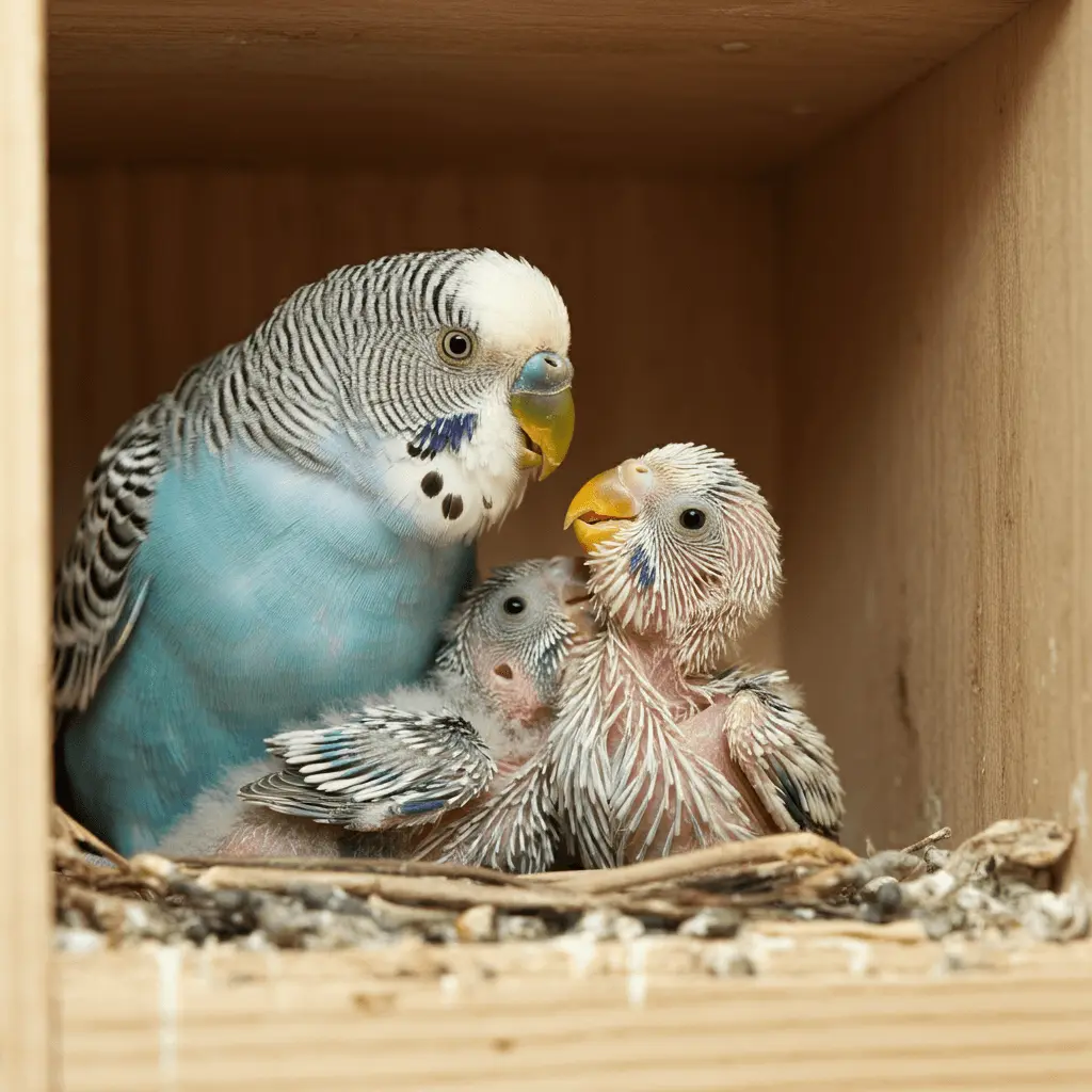 Adult budgerigar feeding its young chicks inside a nesting box.