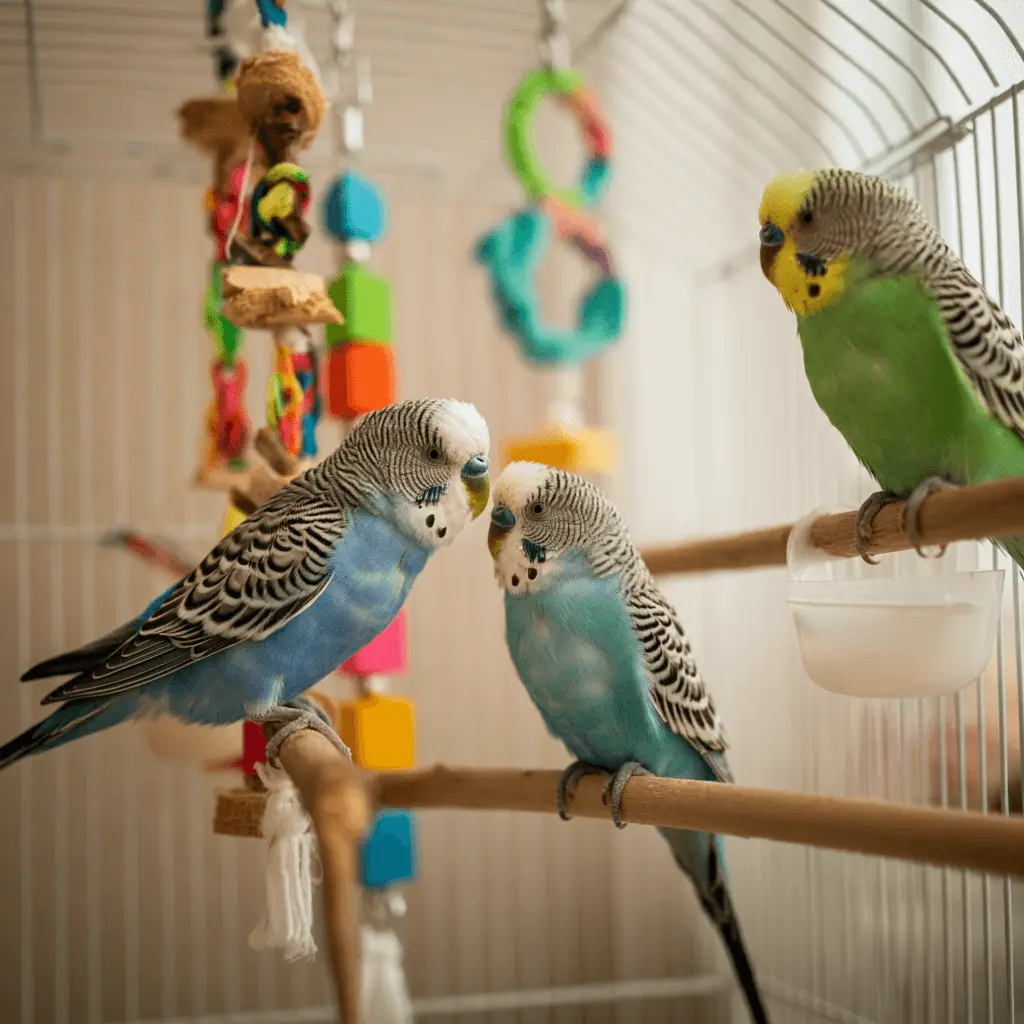 Three budgerigars interacting in a cage, surrounded by toys.