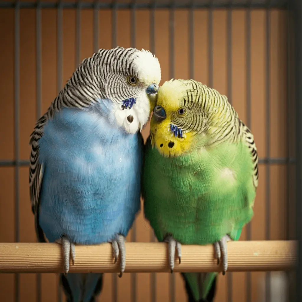 Two budgies grooming each other on a perch.