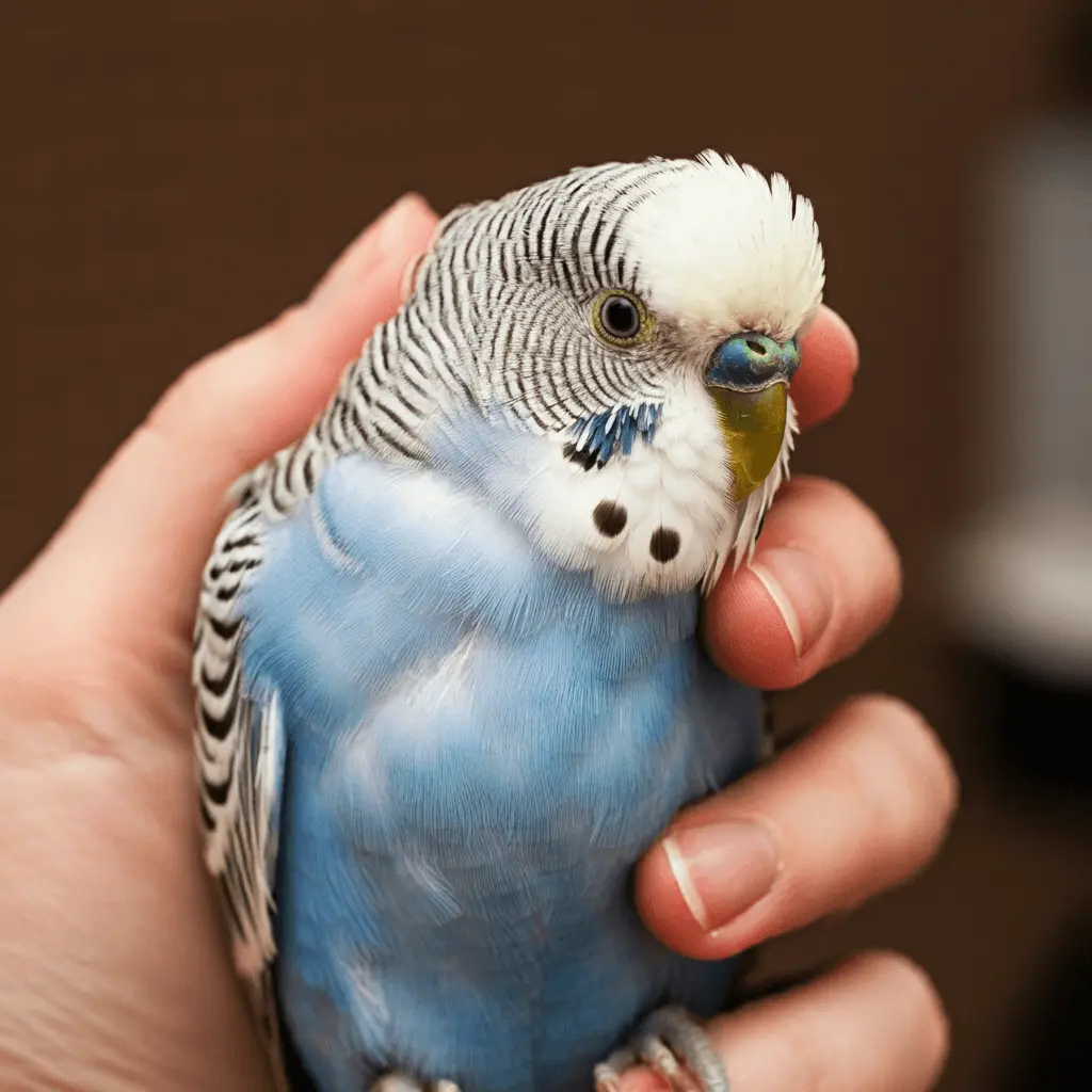 A hand gently holding a blue budgerigar, providing care.