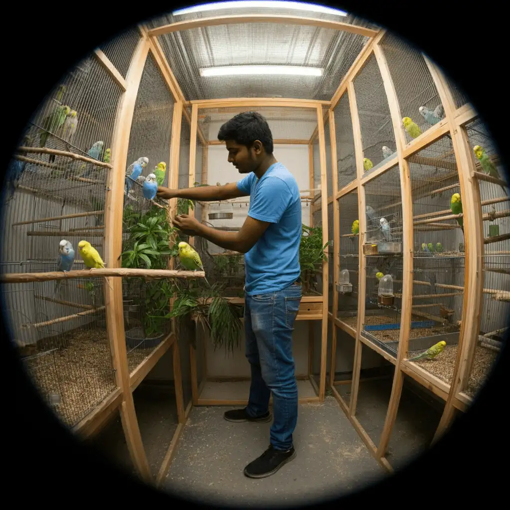 A person cleaning the interior of a budgerigar aviary.