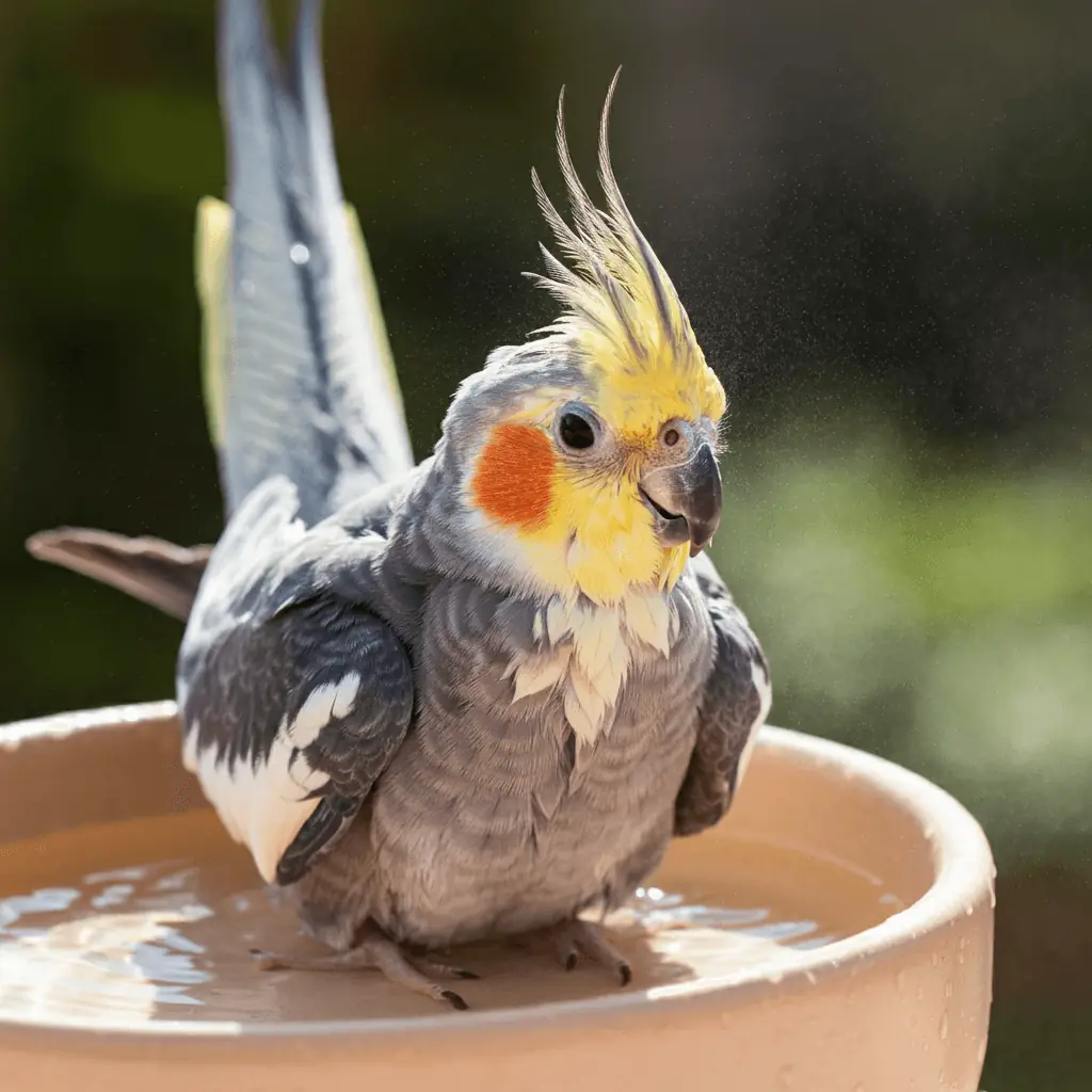 Cockatiel enjoying a bath to clean its feathers.