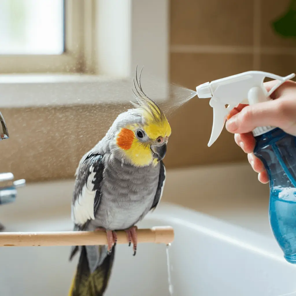 A cockatiel enjoys a refreshing mist from a spray bottle during a routine bath.