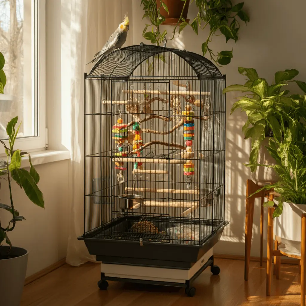 Cockatiel perched on top of a well-equipped cage in a home setting.