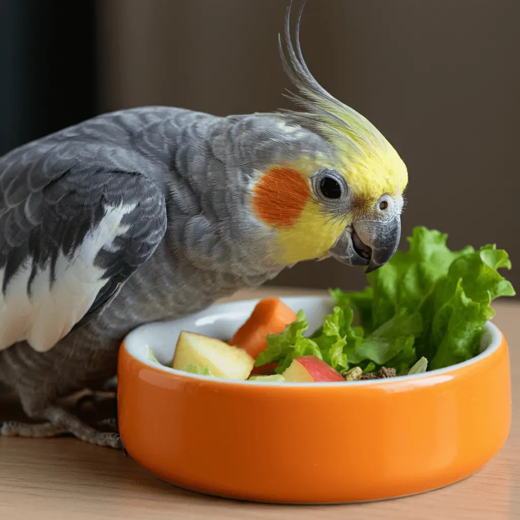 Cockatiel eating fresh vegetables from a bowl.