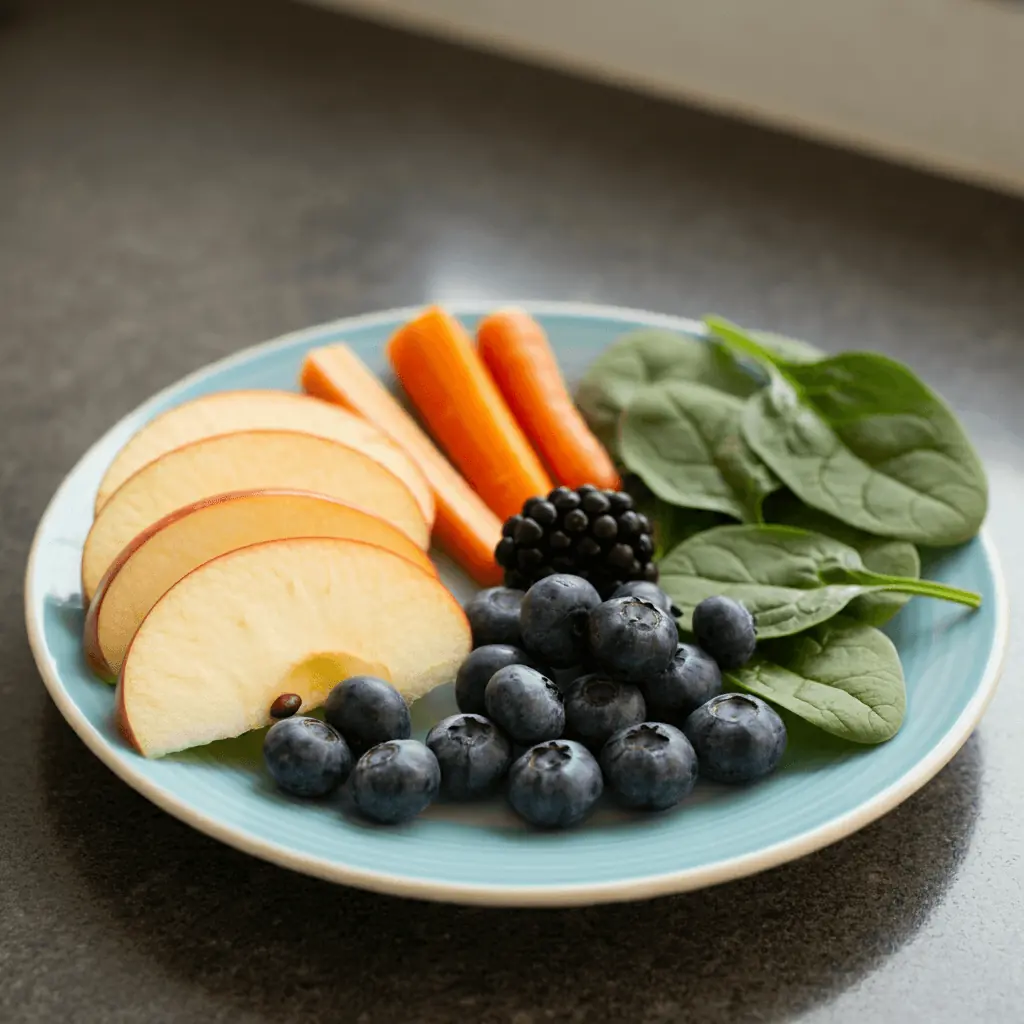 Plate of sliced fresh fruits and vegetables for a cockatiel.