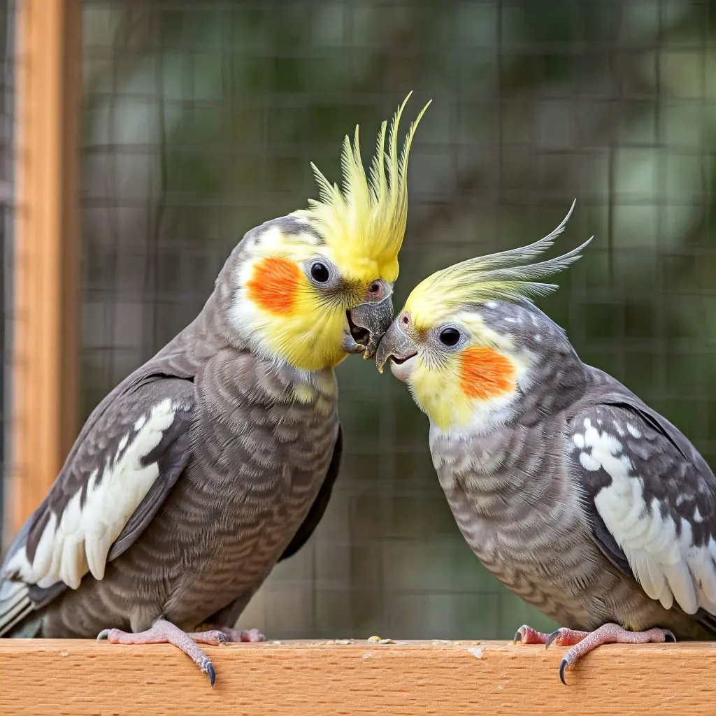 Cockatiel offering food to its mate as part of bonding.