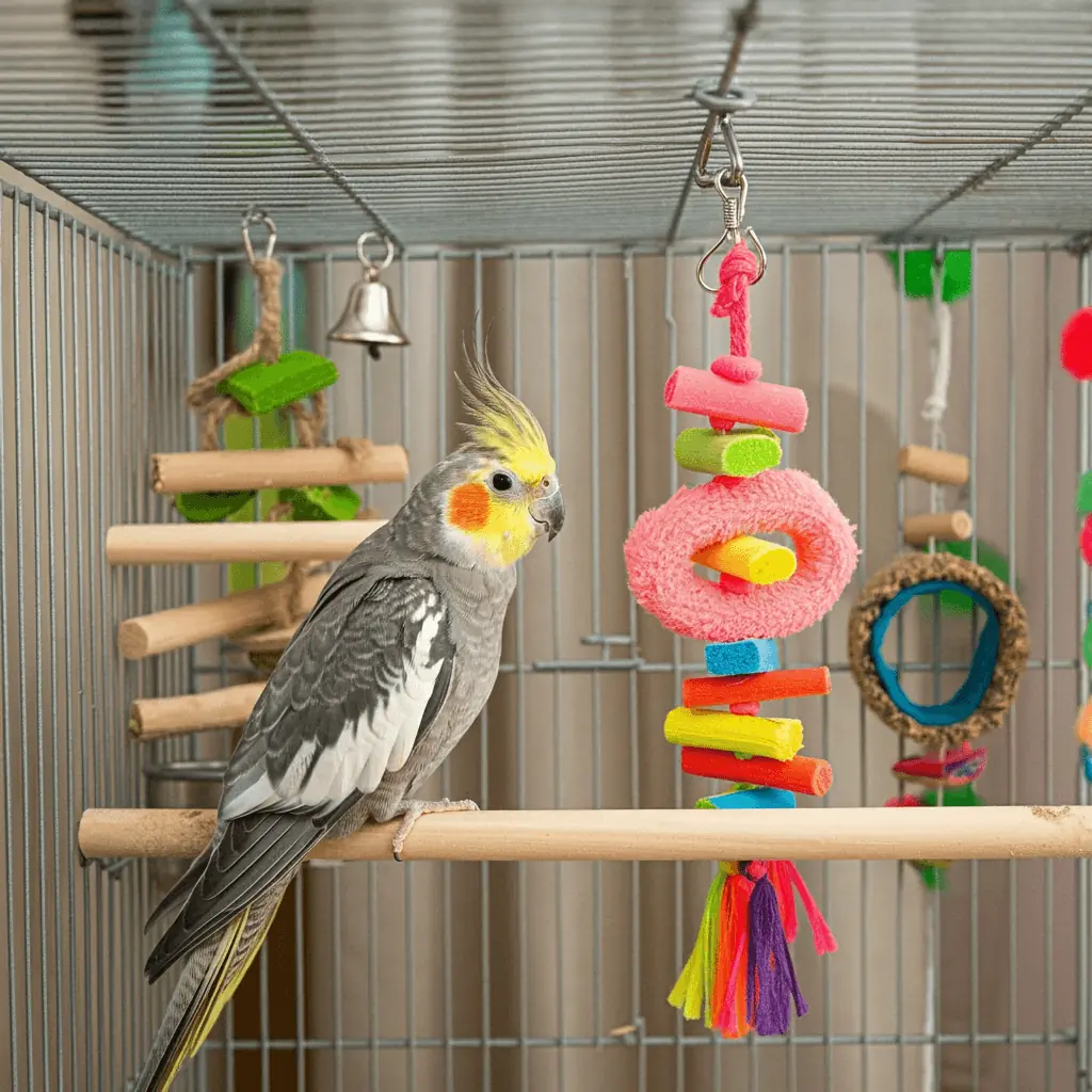 Cockatiel interacting with colorful hanging toys in its cage. 