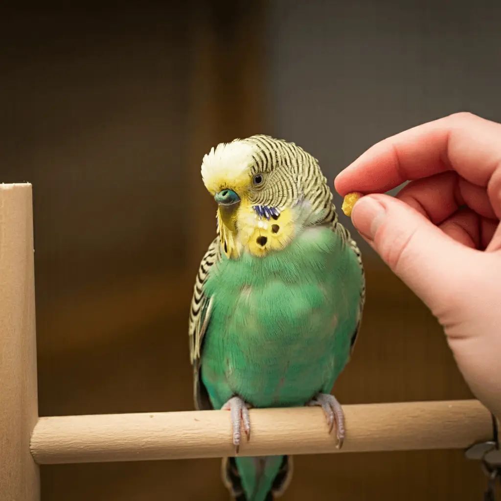 A distracted budgerigar looking hesitant during a training session.