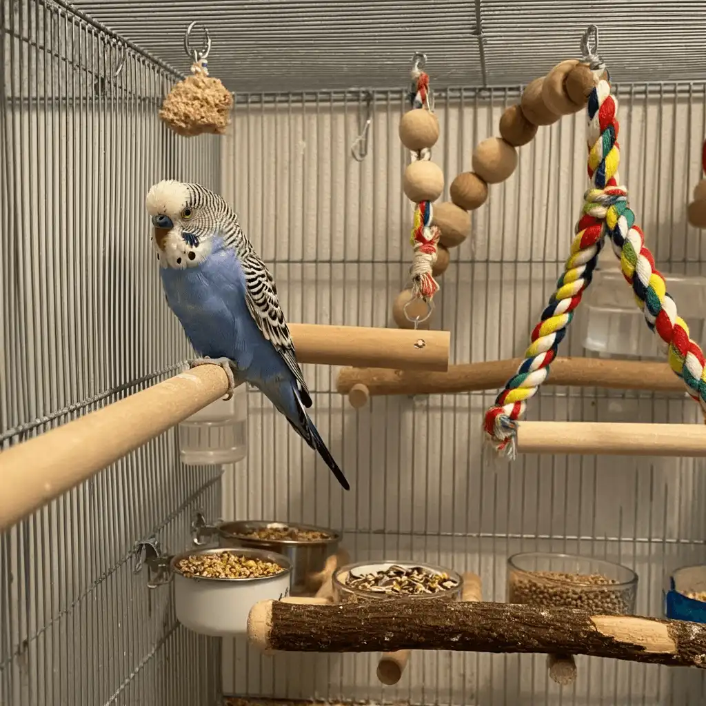 Safe and well-equipped bird cage setup with toys and perches for a budgerigar.