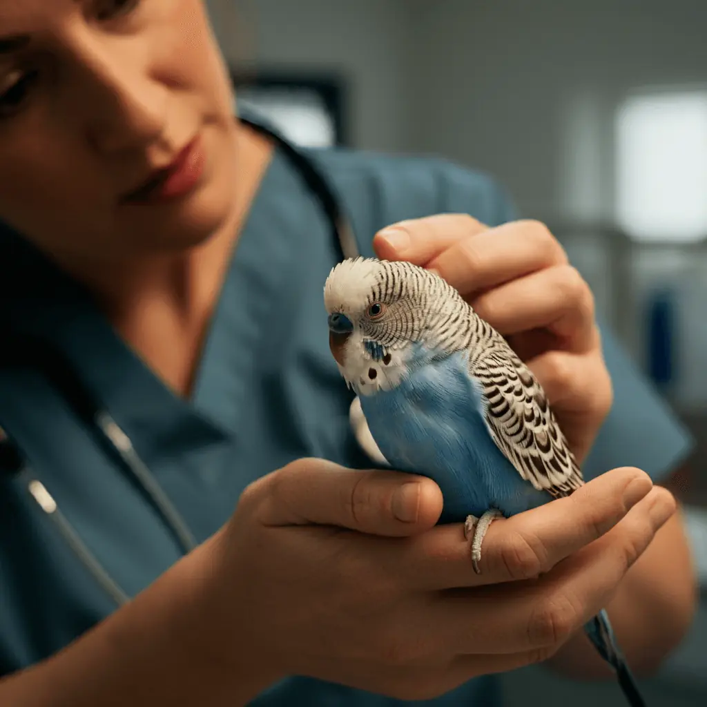 A veterinarian examining a budgerigar for signs of feather plucking.