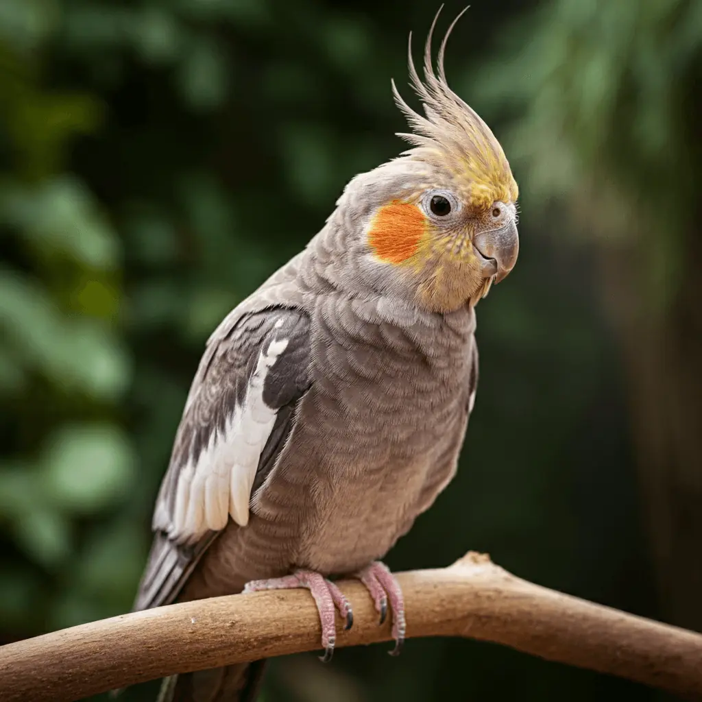 A cinnamon cockatiel with warm brownish-grey feathers.